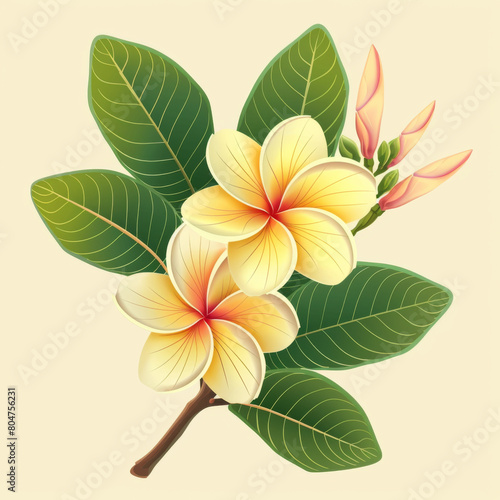 Illustration of vibrant frangipani flowers with detailed green leaves and budding flowers.