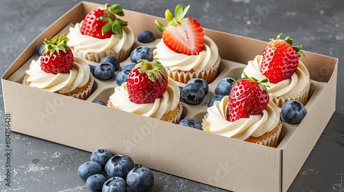 Indulge in a delightful gift box filled with fruit themed cupcakes featuring a delicious blend of strawberry and blueberry flavors This festive packaging is perfect for celebrating Mother s photo