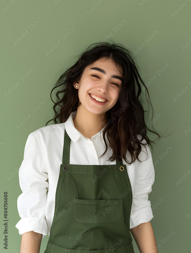 happy attractive young woman holding hands waist wearing a green apron happy attractive young woman holding hands waist wearing a green apron