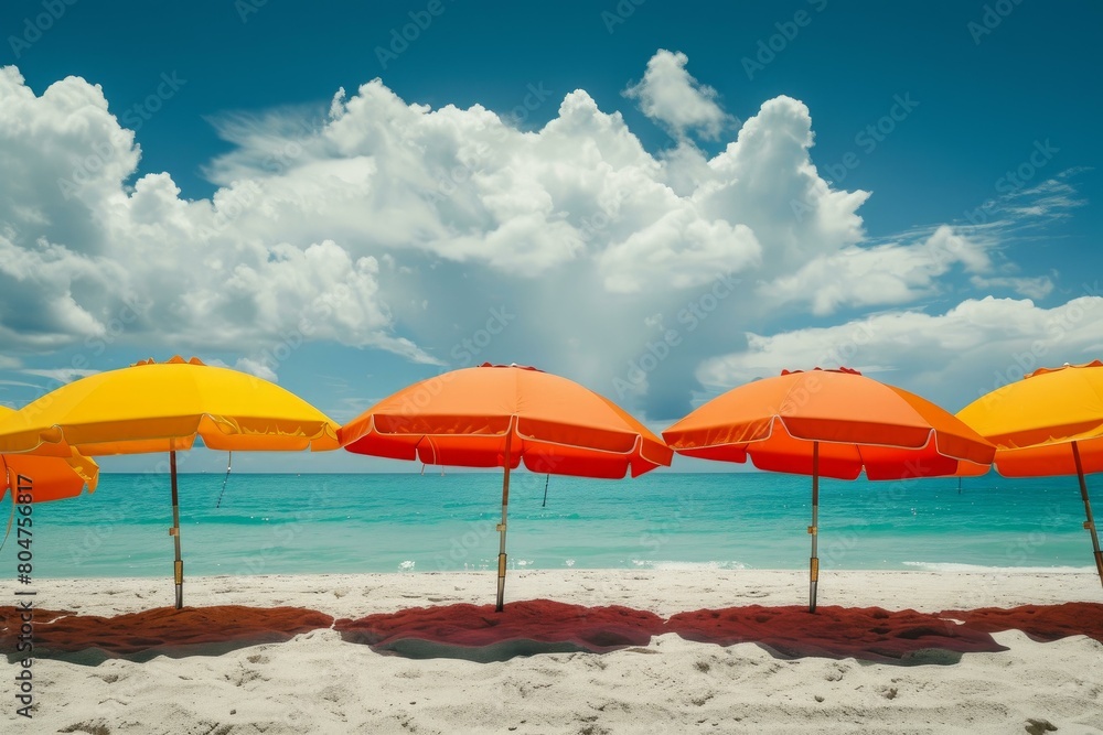 Vibrant Beach colorful umbrella summer. Sea sand. Generate Ai