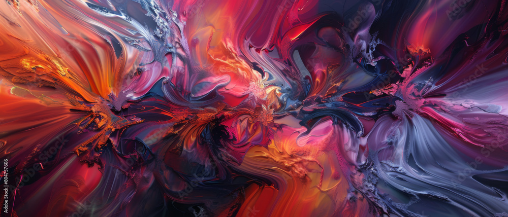 Dynamic digital abstract painting featuring swirls of red, blue, and purple with explosive visual effects.