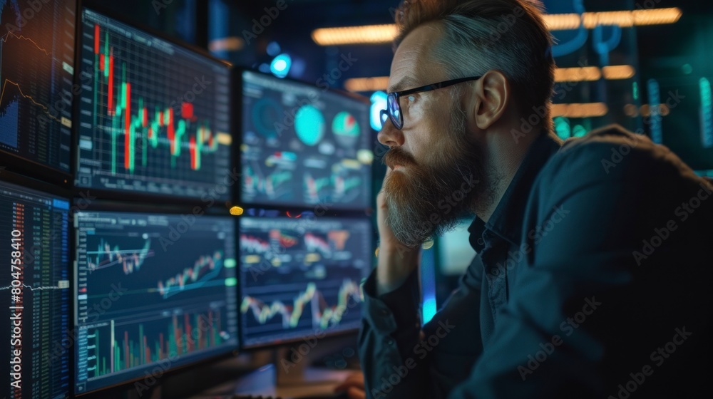 man analyzing stock market or trading on his pc with suit