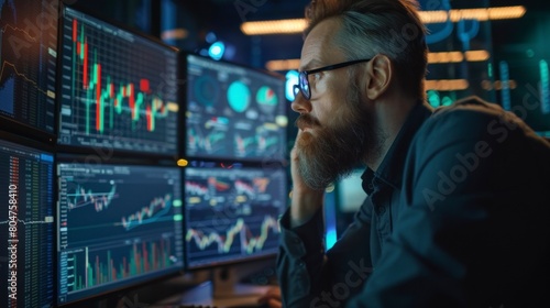man analyzing stock market or trading on his pc with suit