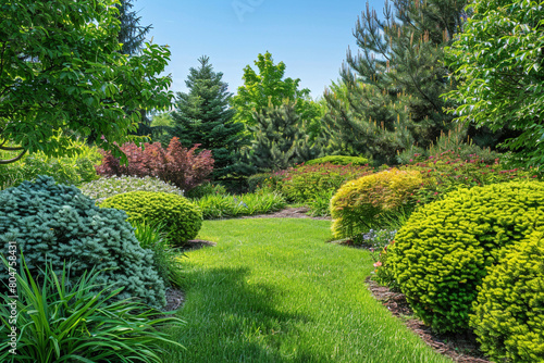 Bright springtime garden landscape with a variety of shrubs and a central grass area in high-definition photography style