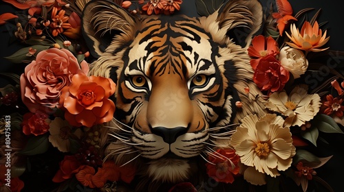 Close up portrait of Tiger s Face Amidst a Burst of Floral Beauty.