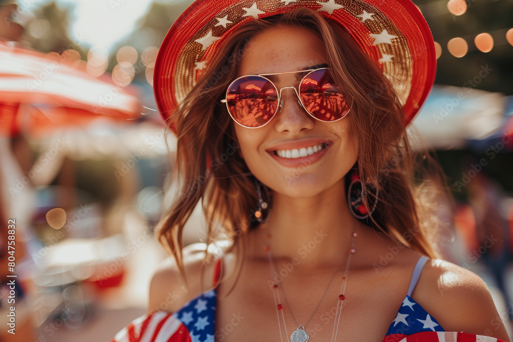 Young American woman with the American flag, commemorating Independence Day with a proud stance and copy space for text Young American woman with the American flag, commemorating Independence Day with a proud stance and copy space for text