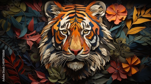 Intricate 3D Paper Art of a Tiger Surrounded by Colorful Botanical Elements.
