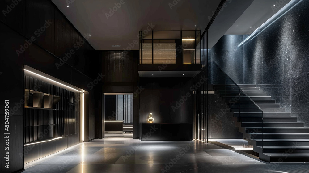 Contemporary entrance hall in midnight black, with a sleek staircase and minimalist design in a luxurious American home. Contemporary entrance hall in midnight black, with a sleek staircase and minimalist design in a luxurious American home.