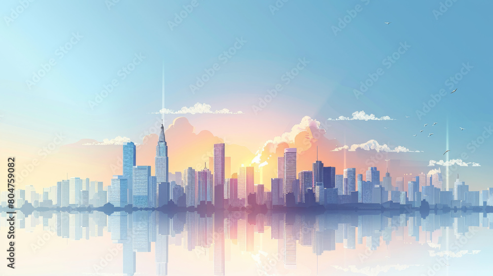 Stunning cityscape reflected on the water surface during sunset, with a sky painted in hues of orange and pink.