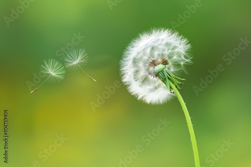 Dandelion seeds blowing away in the wind  on a green background  freedom