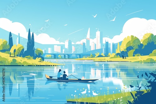 green landscape with people rowing on the river, city buildings in the background photo