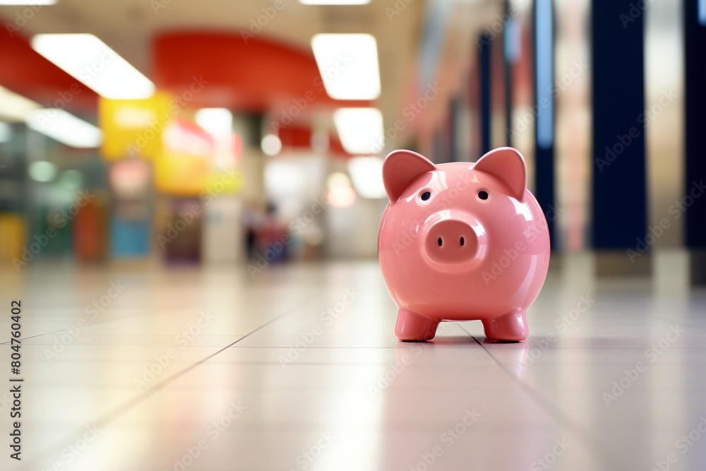 Piggy bank on a floor, blurred bank or office background Piggy bank on a floor, blurred bank or office background