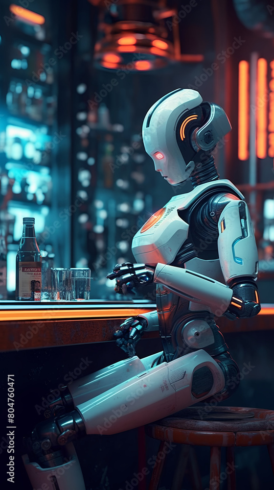Cyborg lady sitting in a bar