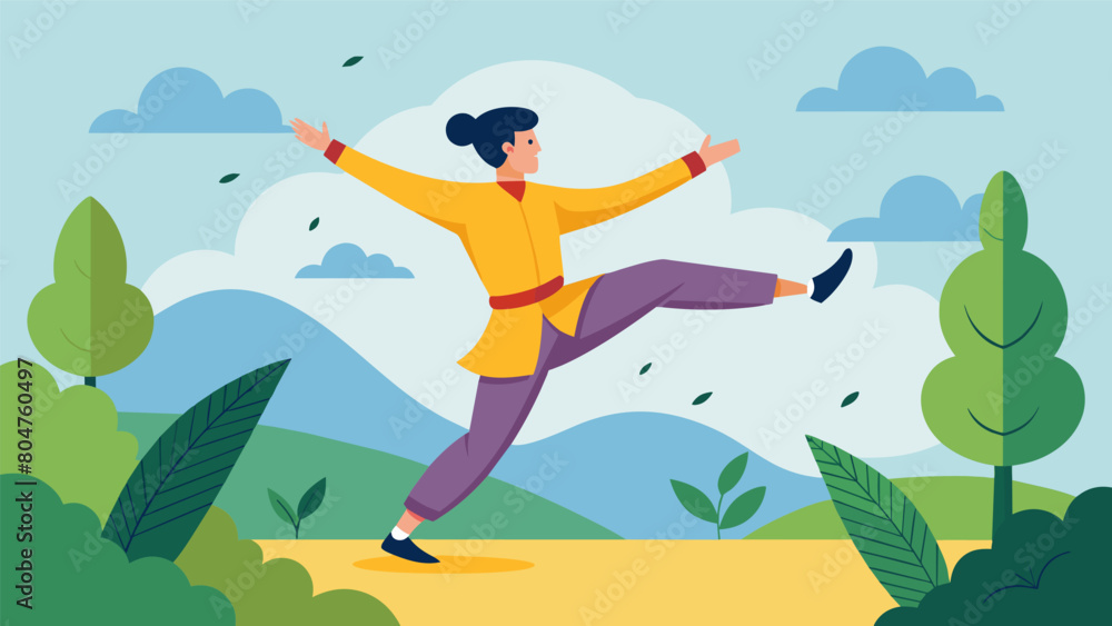 A man balancing on one foot as he reaches for the sky practicing tai chi in a secluded corner of the park.. Vector illustration