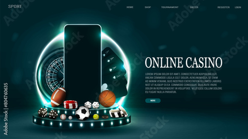 A web banner for casinos and sports betting with chips, balls, poker dice, smartphone, roulette and cards on a bright green and blue background.