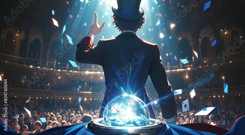 A magician is performing magic on stage, wearing top hat and red jacket, back view of audience in the background with spotlight shining down on him from above photo