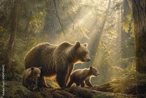Mother grizzly bear with cubs in sunlit misty forest