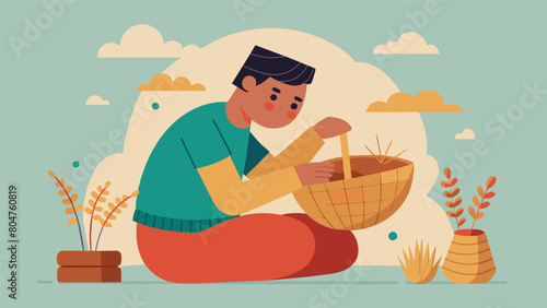 A basket weaver with anxiety who finds solace in the repetitive and odical process of creating complex and intricate patterns with natural materials.. Vector illustration photo