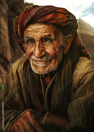 Humans and nature: Portrait of an old man against a backdrop of a serene mountain landscape. The image has been digitally enhanced 