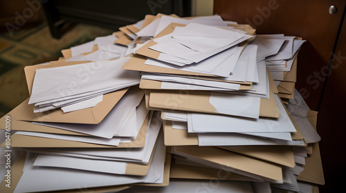A large pile of unopened letters, mail letters sitting on a pile 