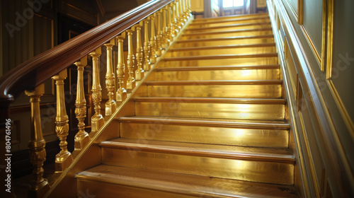 Luxurious gold stairs with a wooden handrail  wide shot from the landing.