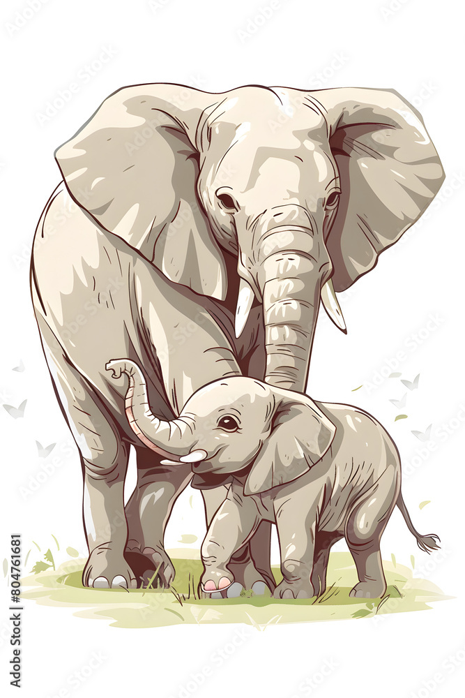  A cute cartoon drawing of an elephant and its baby