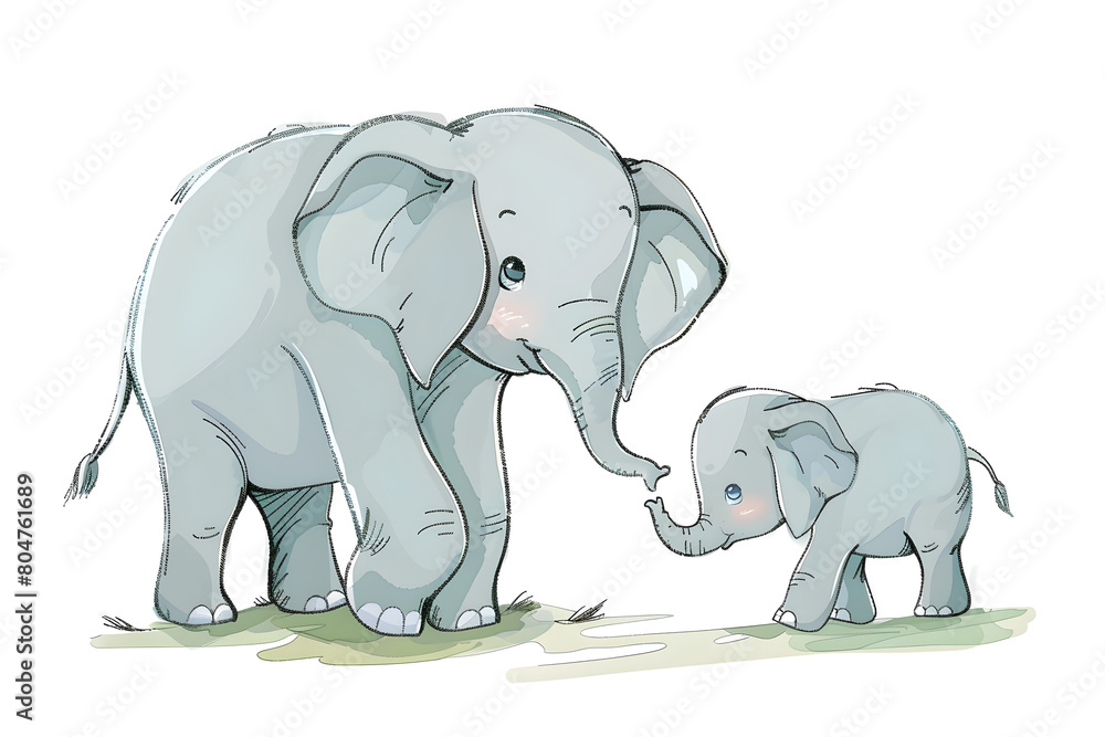  A cute cartoon drawing of an elephant and its baby