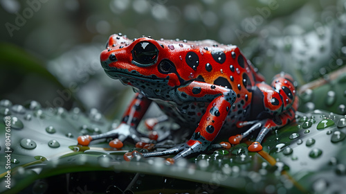 red striped poison dart frog blue legs of Amazon rain forest in Peru  a poisonous animal of tropical rainforest  pet in the terrarium