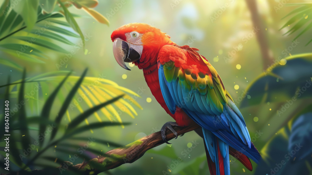 Colorful scarlet macaw perched on a branch in a lush, sunlit tropical rainforest setting. Colorful scarlet macaw perched on a branch in a lush, sunlit tropical rainforest setting.