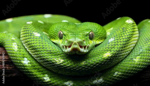 Detailed close up of a vibrant emerald green snake among dense foliage in the lush jungle