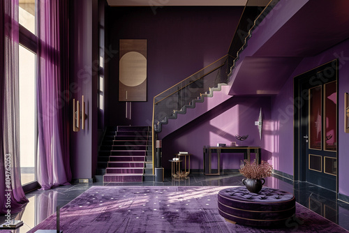 Modern American entrance hall in a deep aubergine shade  featuring a minimalist staircase and luxurious decor.