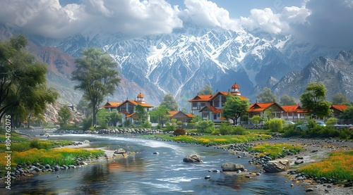 a small village in the mountains of kashmir with river flowing photo