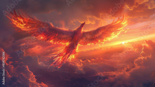 Epic fantasy scene of a fiery phoenix soaring through vibrant sunset clouds, symbolizing rebirth.
