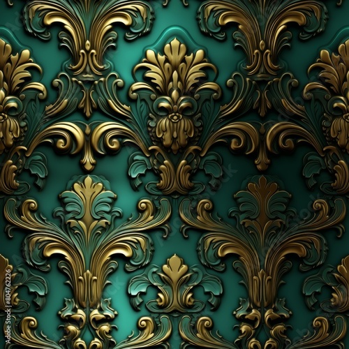 Opulent golden seamless pattern on teal background. Elegant baroque wallpaper for scrapbooking, invitations, and backgrounds. Stylish digital design for creative projects.