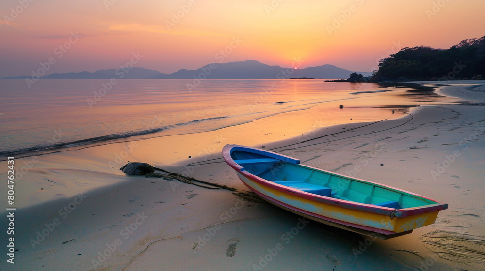 Serene Sunset Beachscape with Colorful Boat