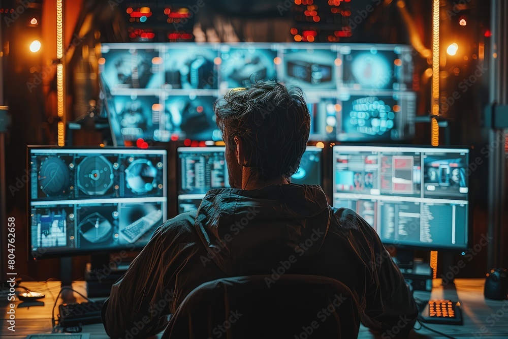 A man is sitting in a dark room monitoring multiple computer screens. A man is sitting in a dark room monitoring multiple computer screens.