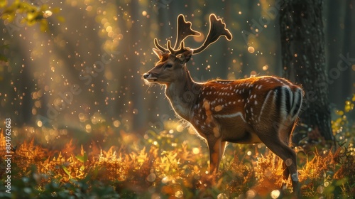 A majestic deer stands in the middle of a sunlit forest. The deer is surrounded by tall grass.