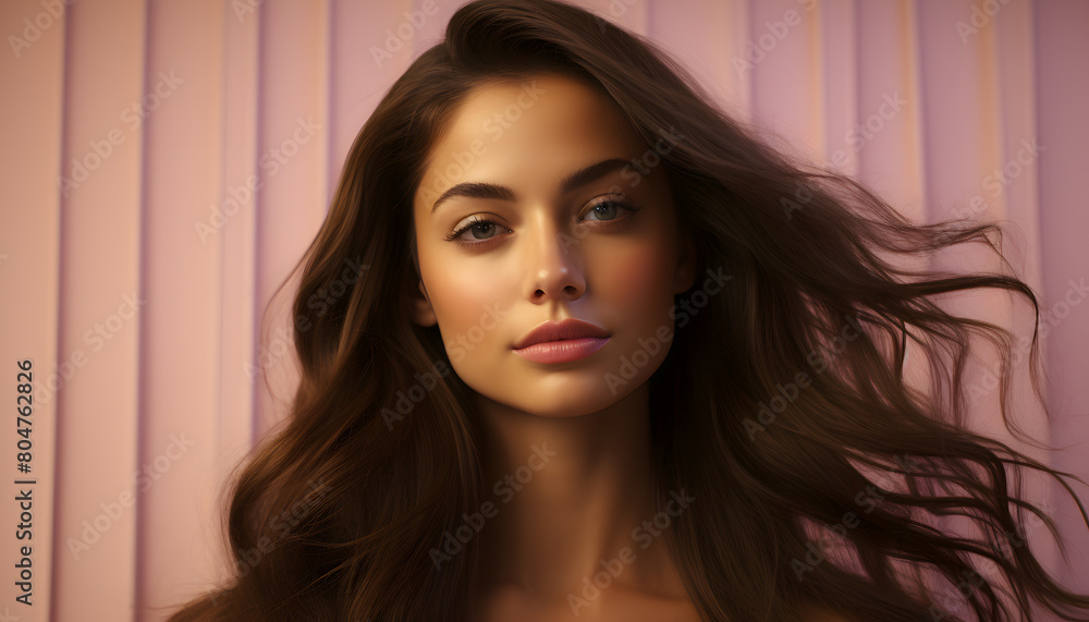 Naklejka premium Shiny Hair Beauty Woman. Brunette Model Showing Glossy Silky Straight Hairstyle. Fashion Girl Portrait with Natural Make up and Hairdo