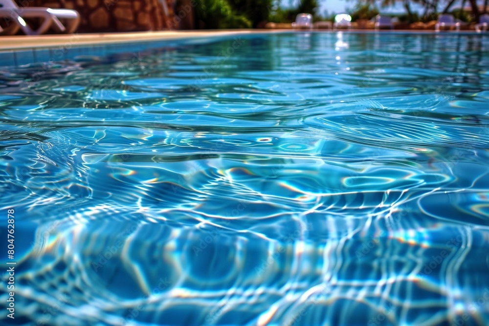 Blue water in a swimming pool in tropical hotel, sunny day, vacation background