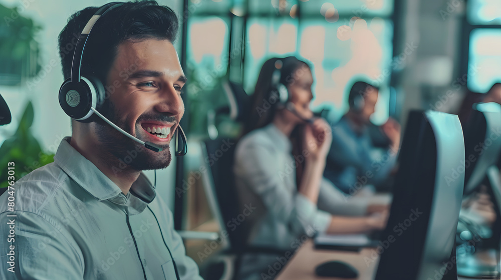 Smiling friendly call-centre agent with headset working Smiling friendly call-centre agent with headset working