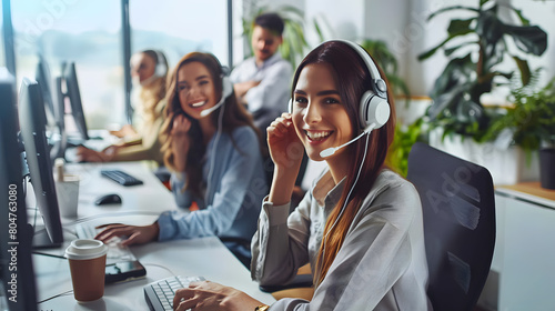 Smiling friendly call-centre agent with headset working 