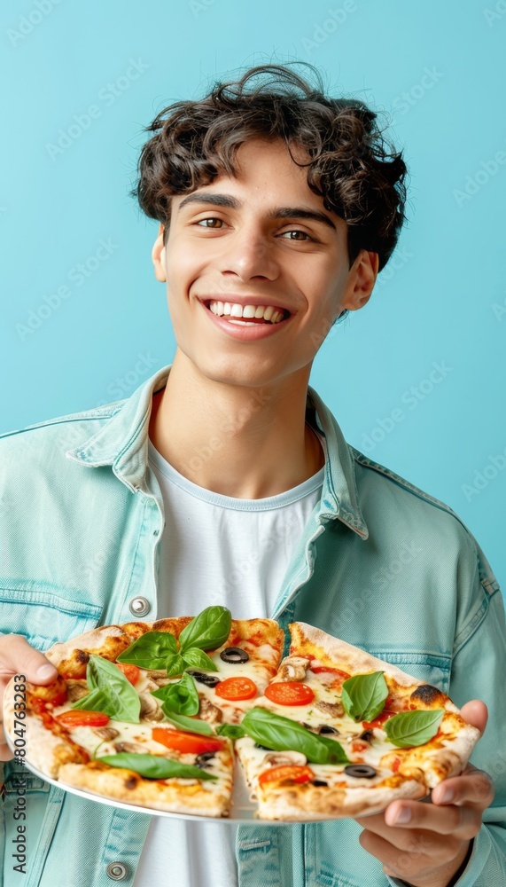 Casual man enjoying delicious pizza on pastel colored background with empty space for text placement Casual man enjoying delicious pizza on pastel colored background with empty space for text placement