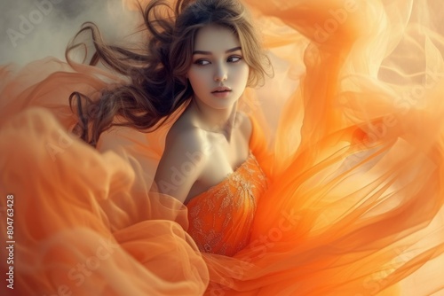 Fashionable Beautiful girl wearing orange dress. Face people beauty attractive beauty. Generate Ai