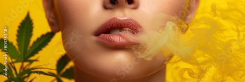 Close-up of a woman's puckered lips exhaling thick yellow smoke with a blurred cannabis leaf in foreground photo