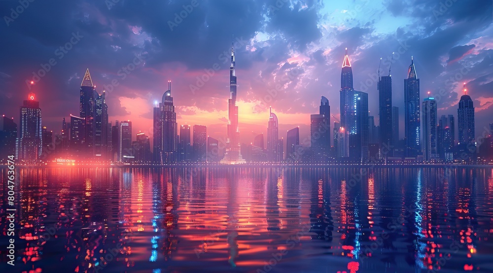 A vibrant and futuristic cityscape of Dubai at night, illuminated by neon lights with skyscrapers reflecting in the water.,3d render, high resolution digital art with bokeh blur effect A vibrant and futuristic cityscape of Dubai at night, illuminated by neon lights with skyscrapers reflecting in the water.,3d render, high resolution digital art with bokeh blur effect