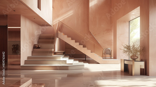 Soft powder pink entrance hall in a modern American home  showcasing a geometric staircase and high-end furnishings.