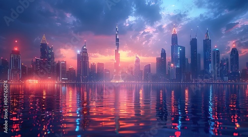 A vibrant and futuristic cityscape of Dubai at night  illuminated by neon lights with skyscrapers reflecting in the water. 3d render  high resolution digital art with bokeh blur effect 
