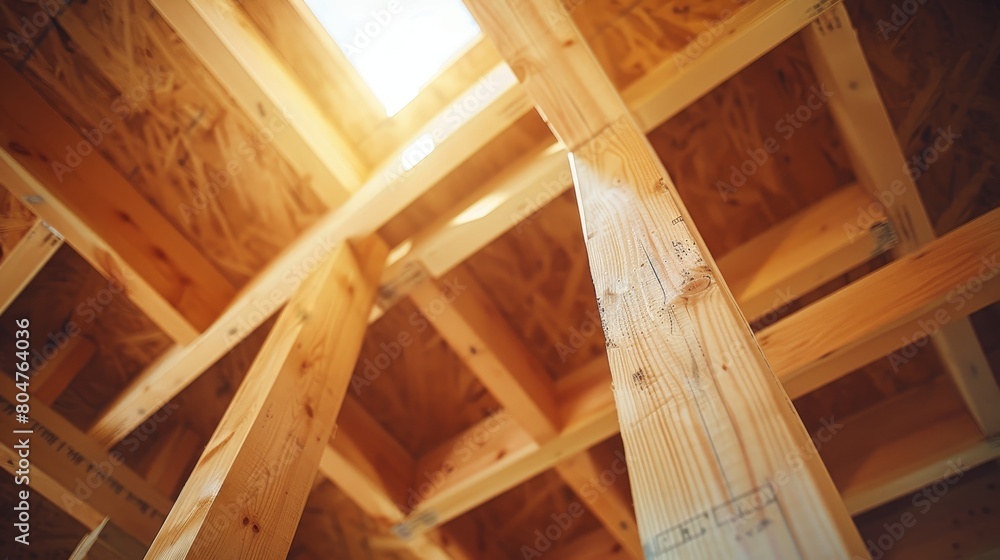Wooden frame construction with truss, posts, and beams in new house manufacturing process Wooden frame construction with truss, posts, and beams in new house manufacturing process