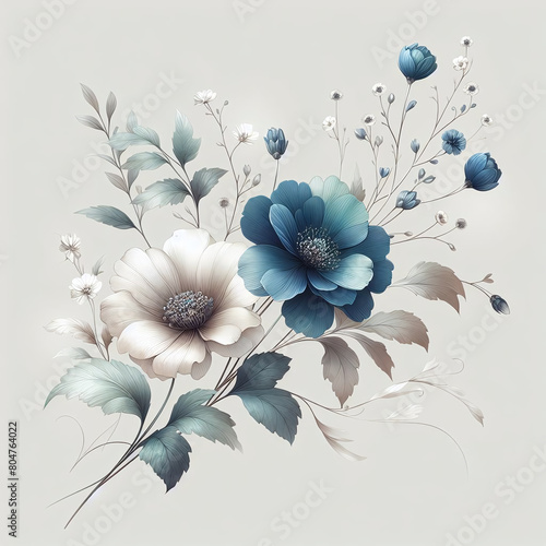 Elegant Floral Artistry: Detailed Blue Blossoms and Delicate White Flower with Graceful Branches Illustration