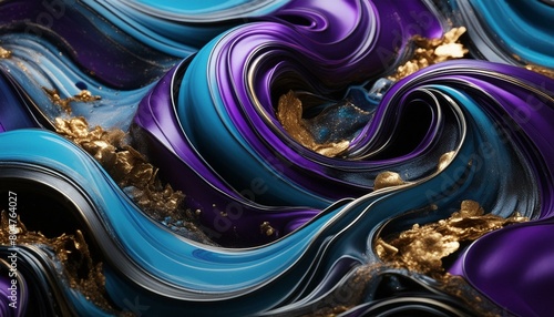 Zeitgenössische marmorierte flüssige Wirbel aus Lila, Blautönen, Schwarz und mit Goldstaub. Abstrakter Hintergrund. photo